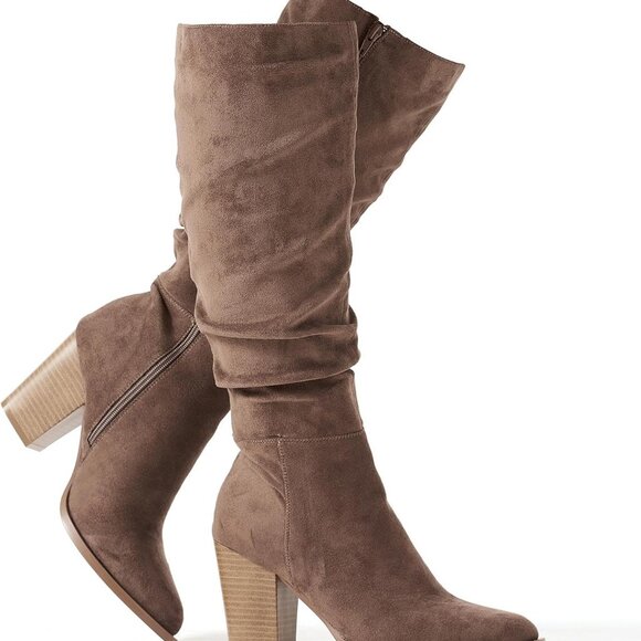 Brand New Women's Pointed Toe Knee High Faux Suede Slouch Boots with Chunky Heel - Picture 1 of 6